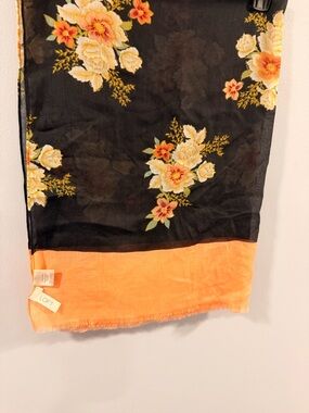 LOFT Black Floral Scarf with Peach Border
